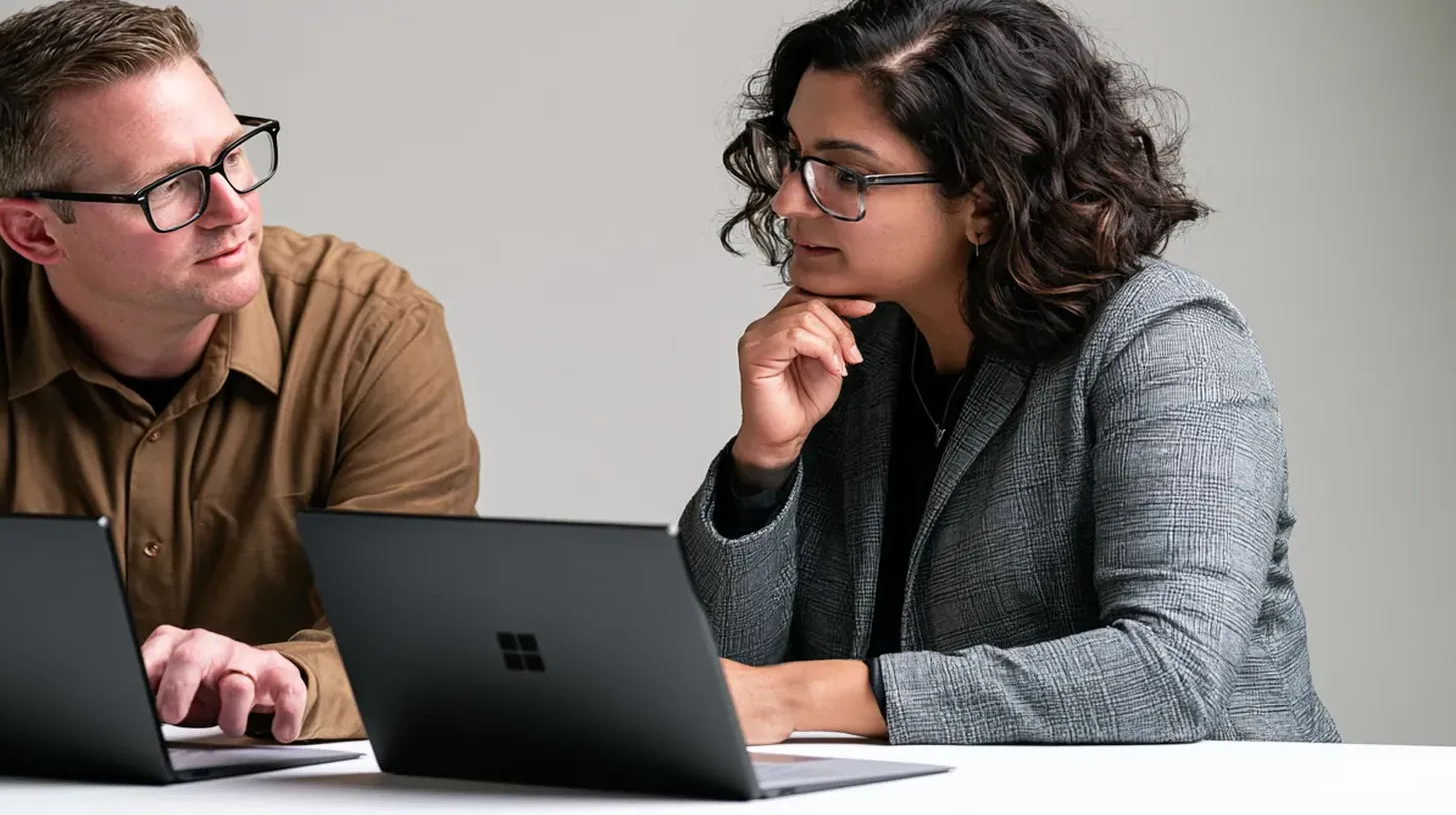 Two professionals comparing lender offers on laptops